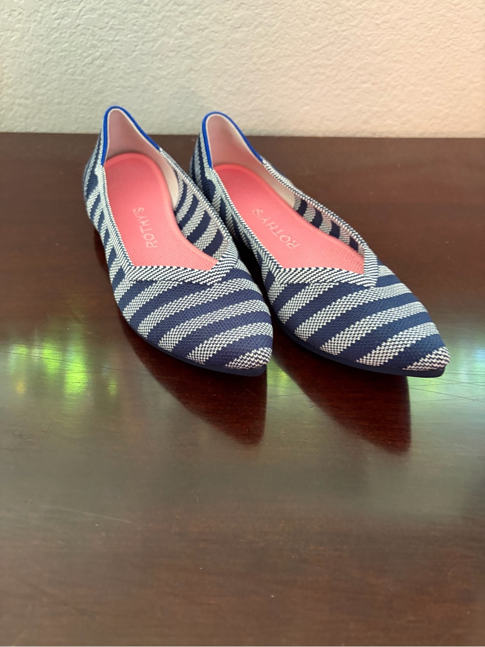 Rothy's Navy and White Striped Pointed Toe Flats
